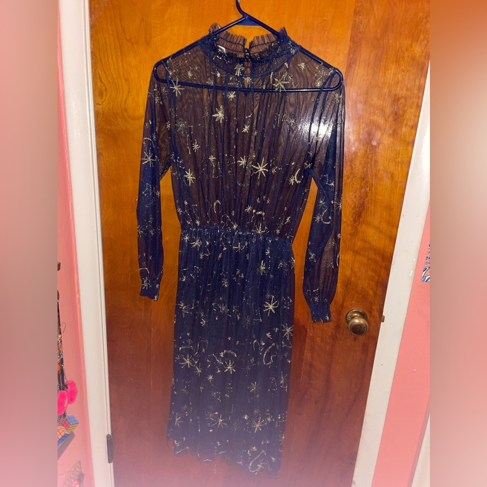 Navy Sheer Lace Long Sleeve Turtleneck Dress with Gold Embroidery